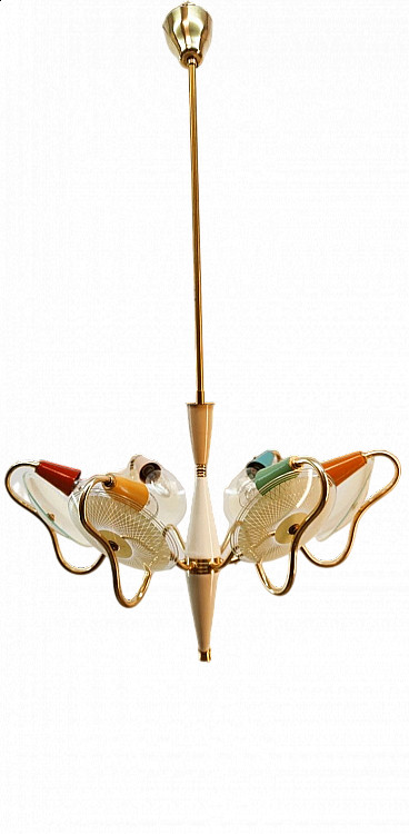 Six-light gilded and colored metal and glass chandelier, 1950s