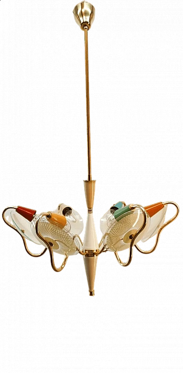 Six-light gilded and colored metal and glass chandelier, 1950s