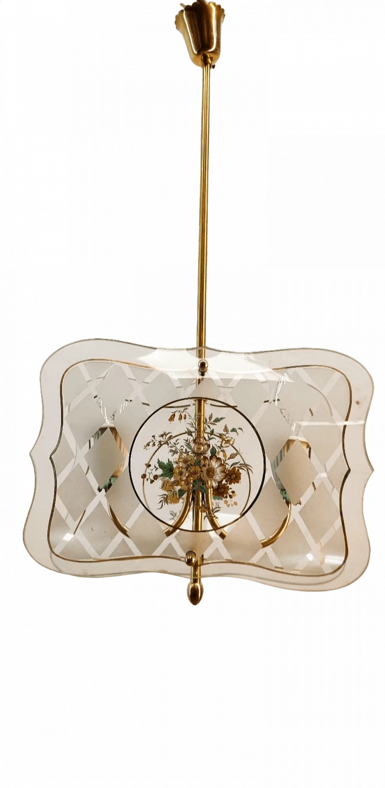 Lampada a sospensione in ottone e vetro decorato, anni '50 8
