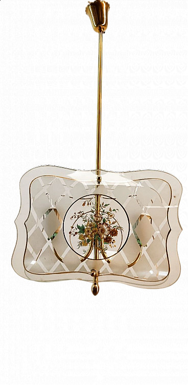 Brass and decorated glass hanging lamp, 1950s