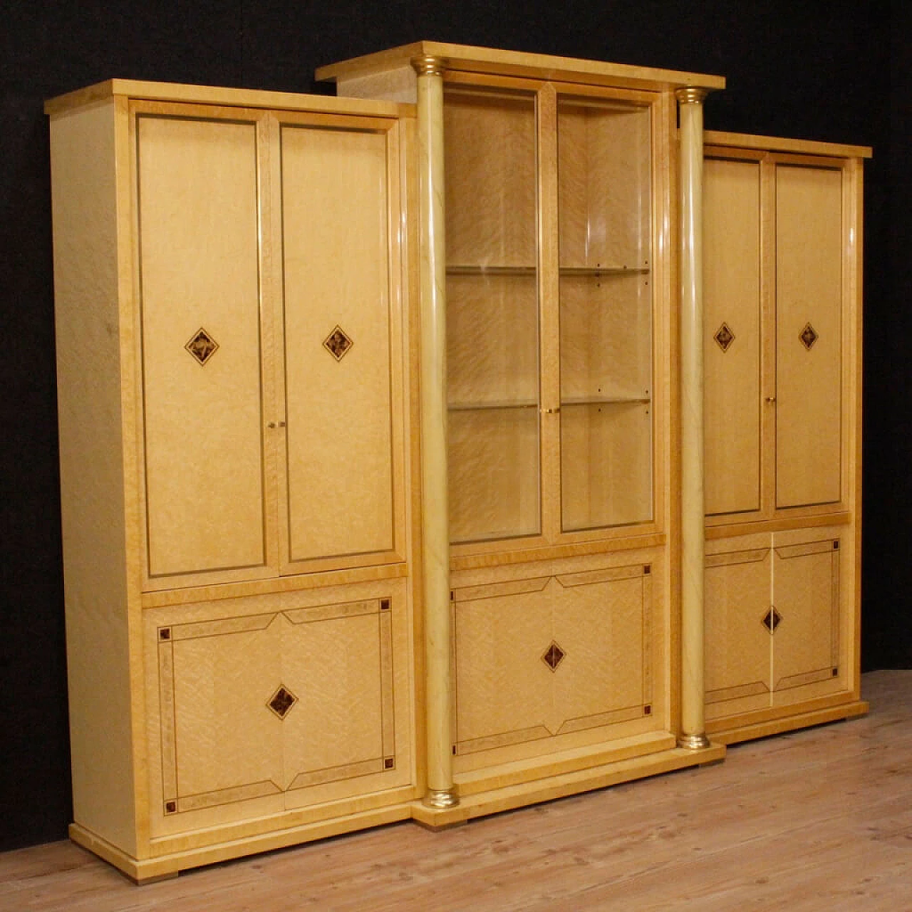 Bookcase with glass cabinet in exotic wood with brass and faux tortoiseshell details 1