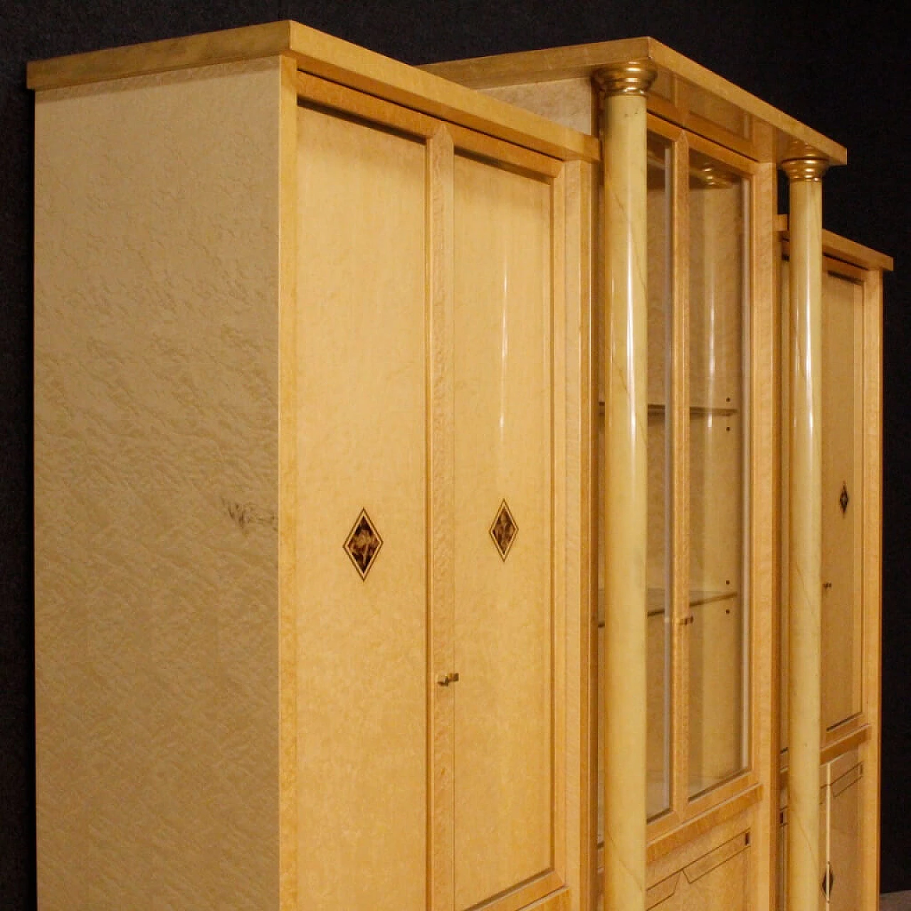 Bookcase with glass cabinet in exotic wood with brass and faux tortoiseshell details 4