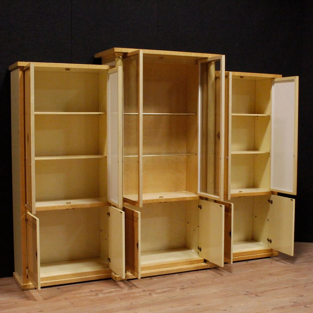 Bookcase with glass cabinet in exotic wood with brass and faux tortoiseshell details 6