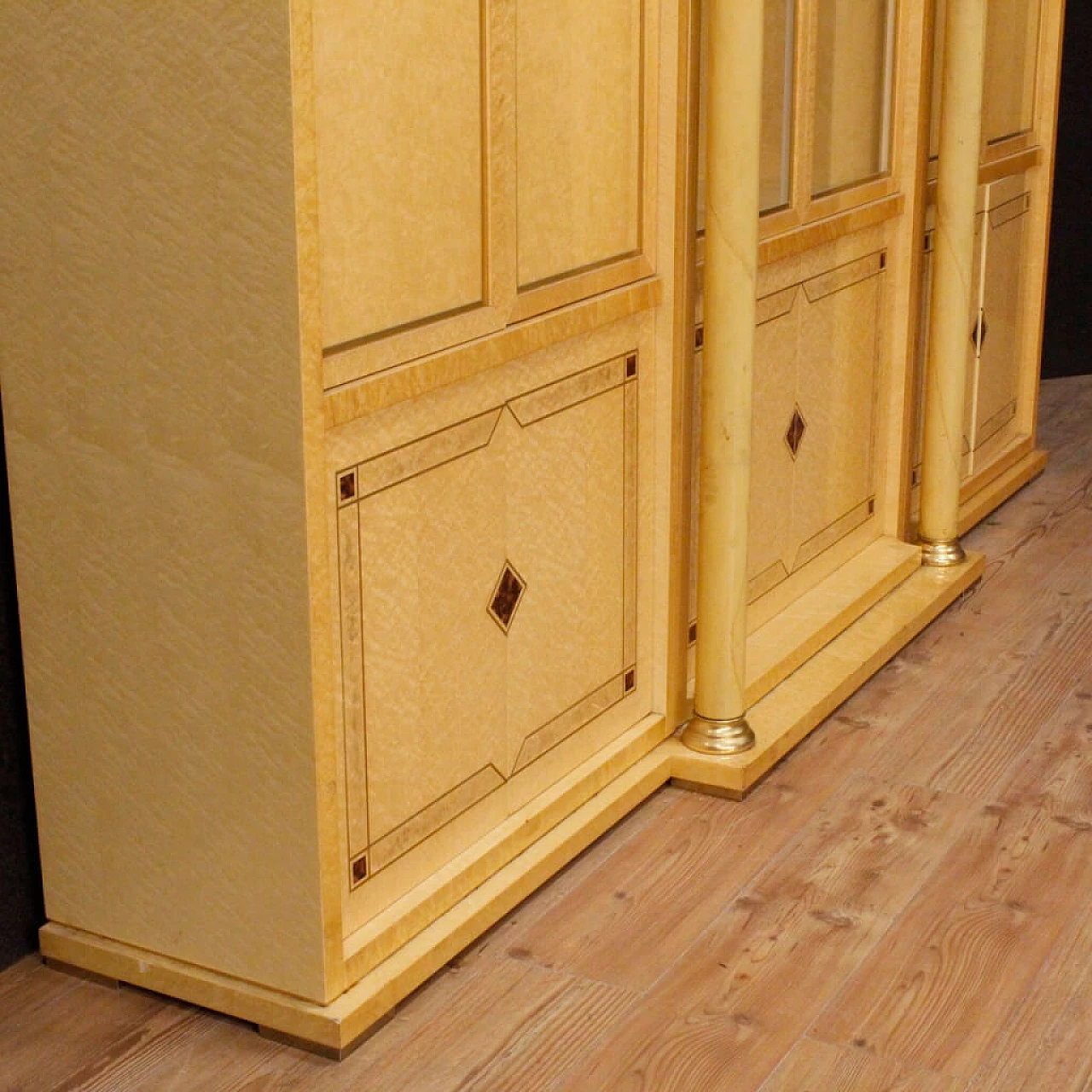 Bookcase with glass cabinet in exotic wood with brass and faux tortoiseshell details 8