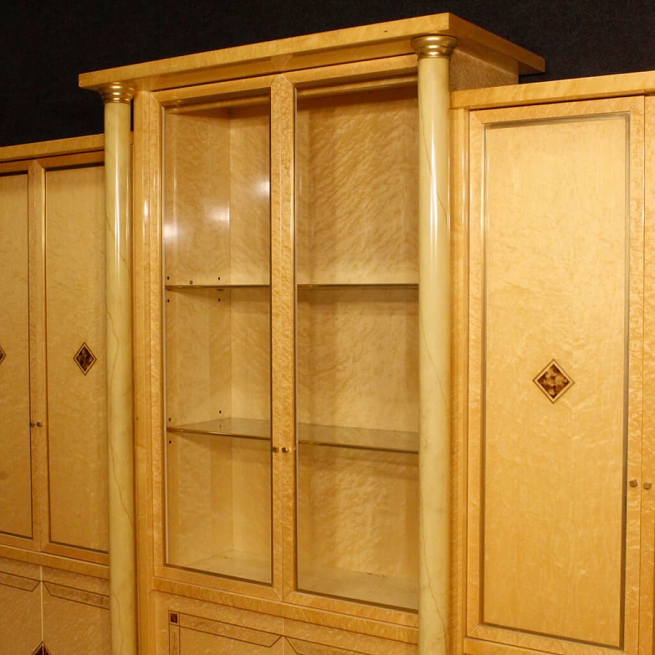 Bookcase with glass cabinet in exotic wood with brass and faux tortoiseshell details 11