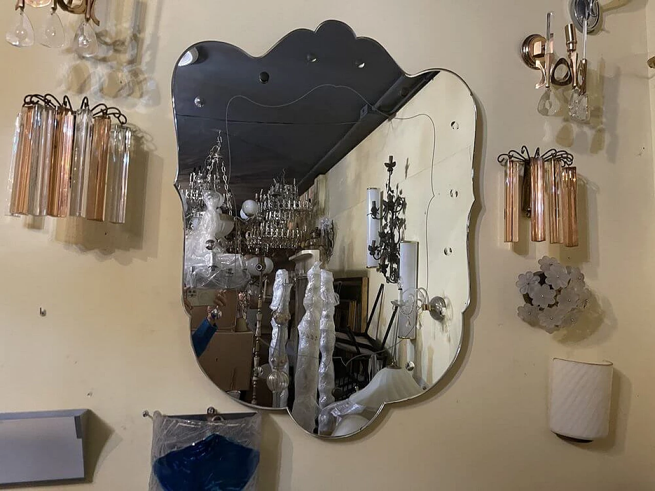 Specchio da parete Art Déco in vetro acidato, anni '50 8