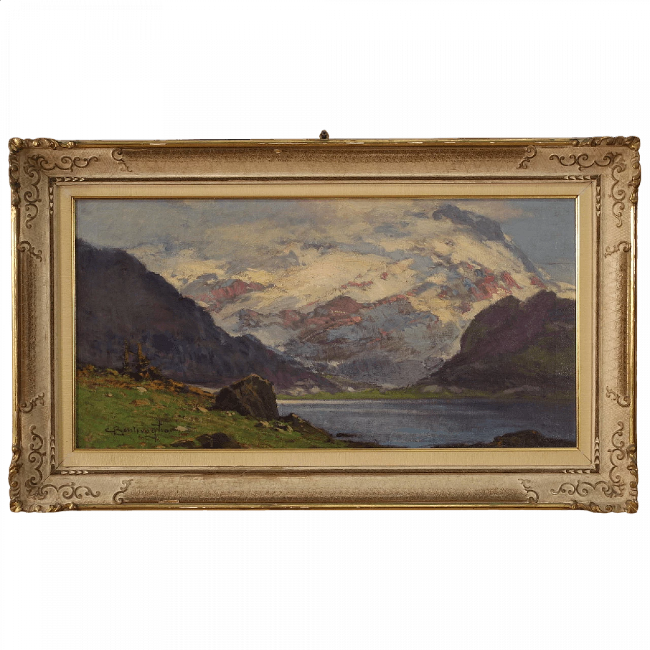 Cesare Bentivoglio, paesaggio con lago e montagne, dipinto a olio su tela 16