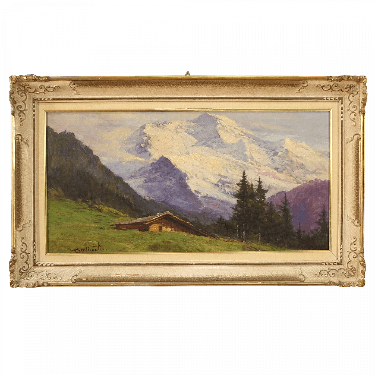 Cesare Bentivoglio, landscape with chalet and mountains, oil painting on canvas 15