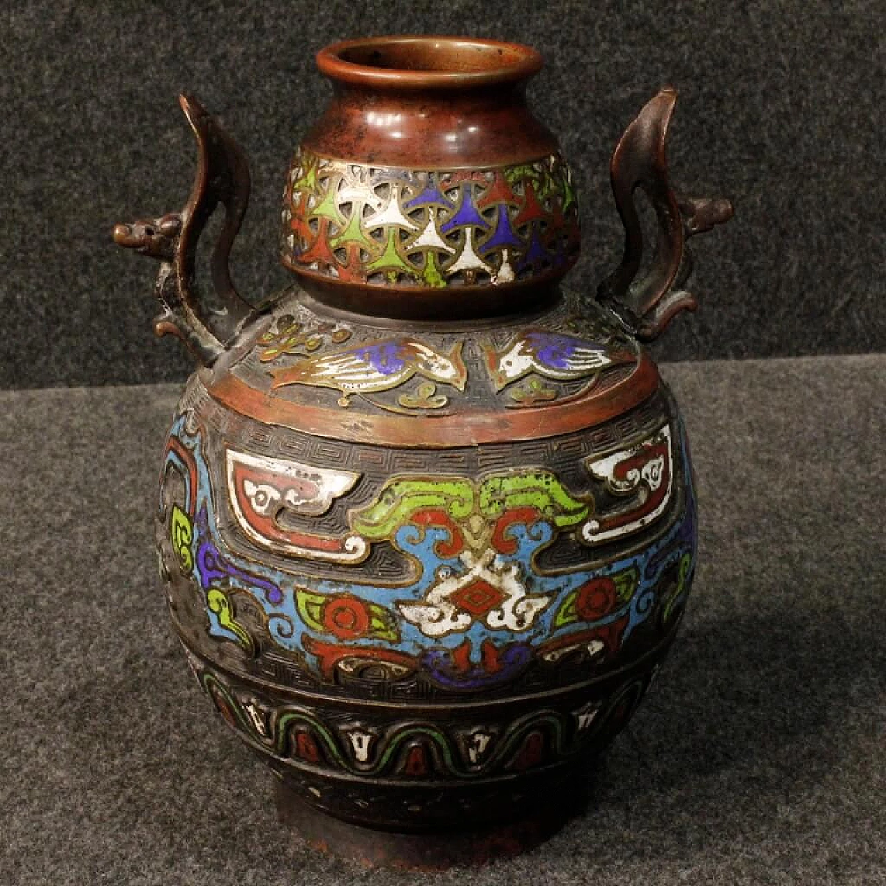 Pair of oriental chiseled metal vases with cloisonné enamels 2