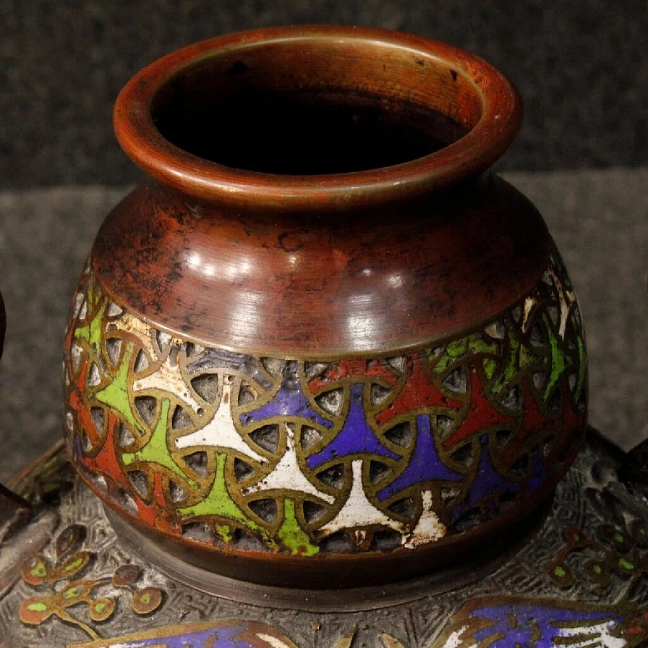 Pair of oriental chiseled metal vases with cloisonné enamels 3