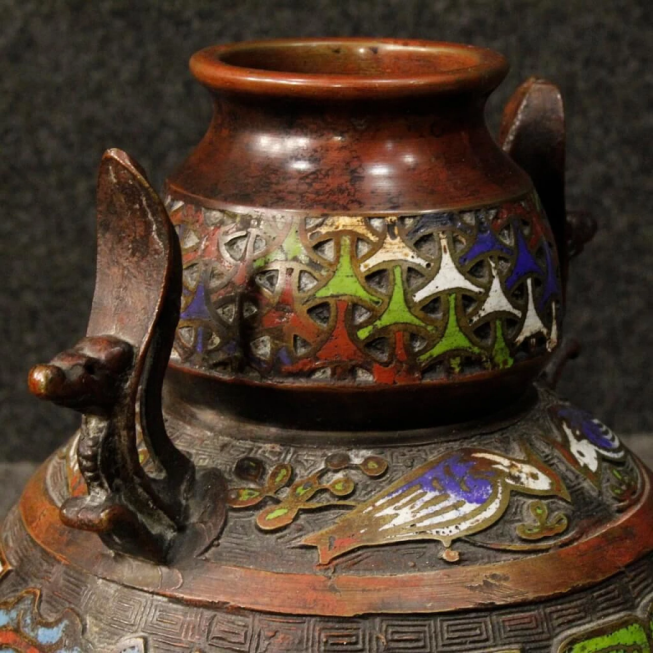 Pair of oriental chiseled metal vases with cloisonné enamels 4