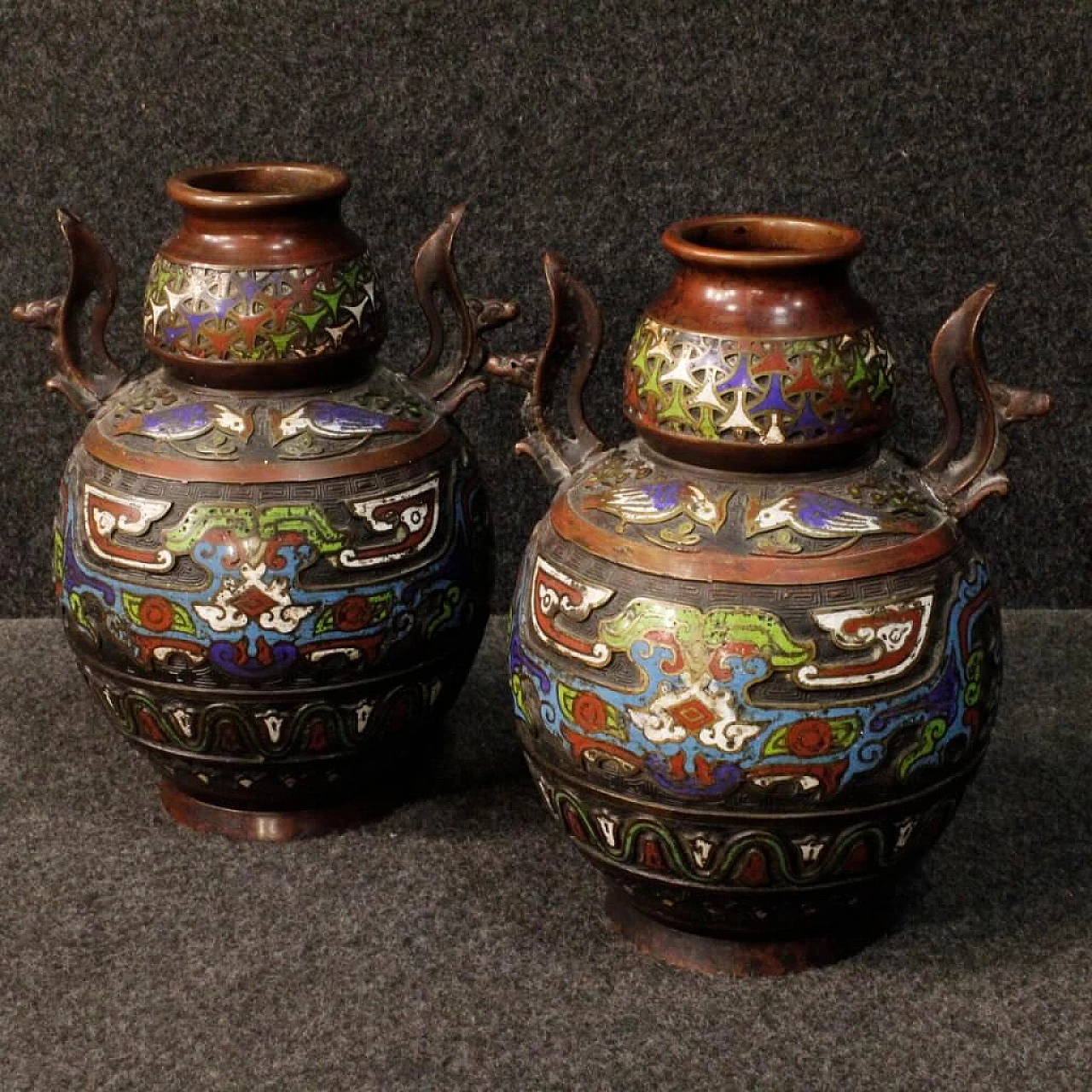 Pair of oriental chiseled metal vases with cloisonné enamels 6