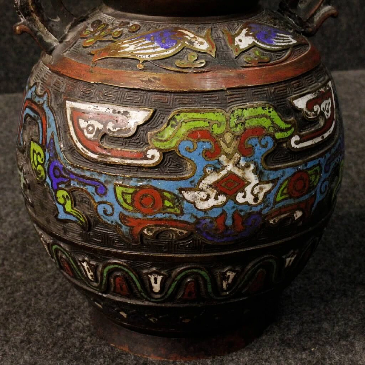 Pair of oriental chiseled metal vases with cloisonné enamels 7