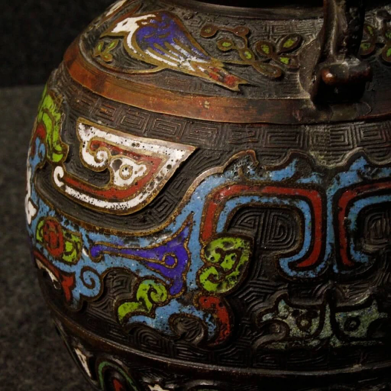 Pair of oriental chiseled metal vases with cloisonné enamels 8
