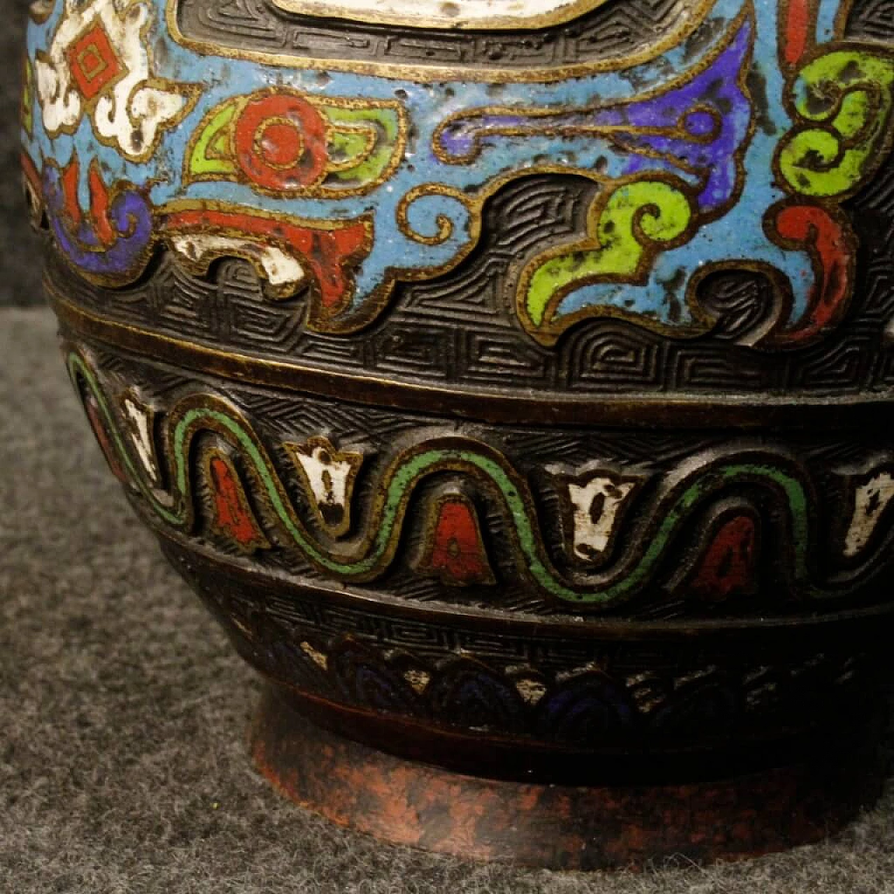 Pair of oriental chiseled metal vases with cloisonné enamels 9