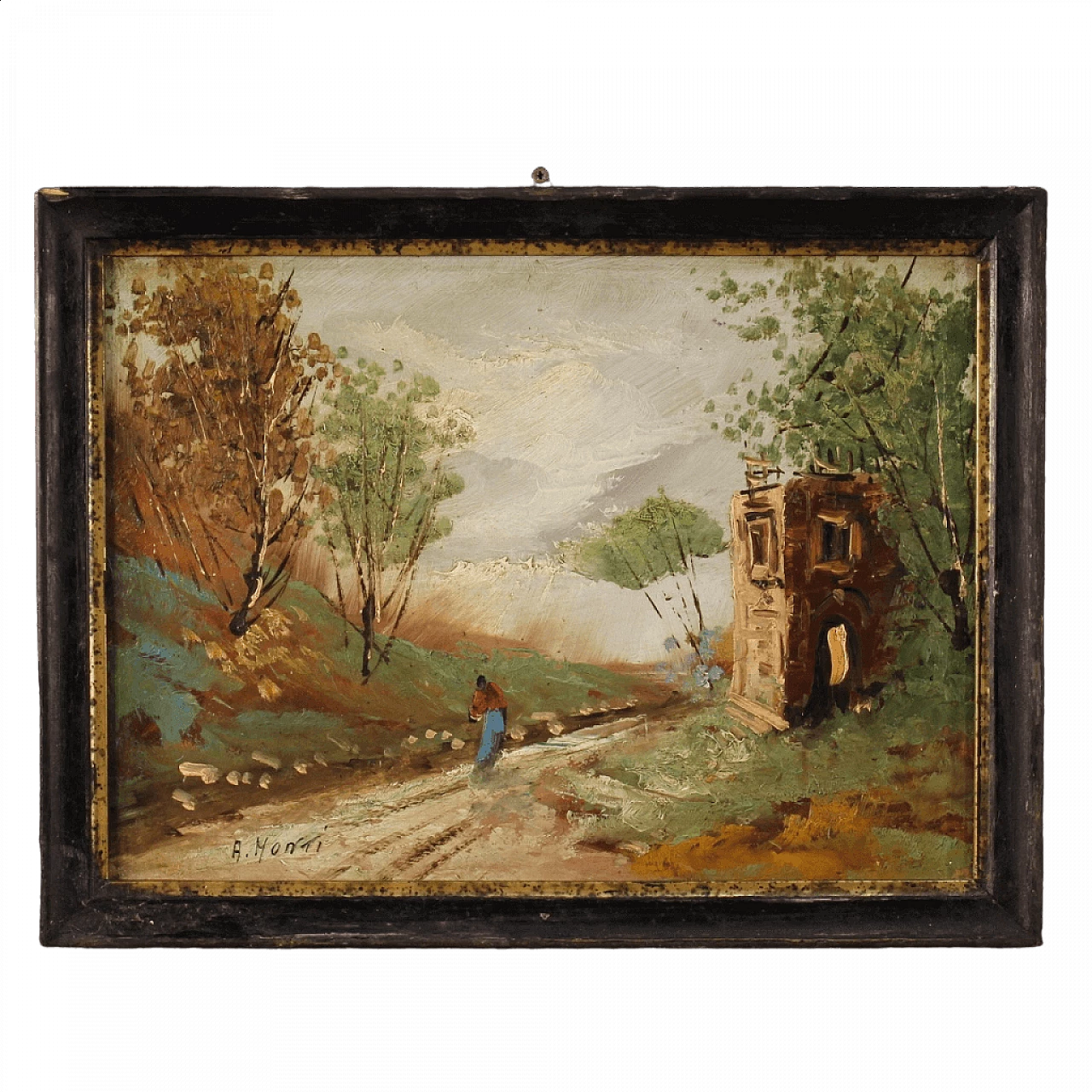 A. Monti, landscape with figure and architecture, oil painting on masonite 16