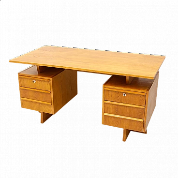 Scrivania in faggio e compensato con sei cassetti, anni '70