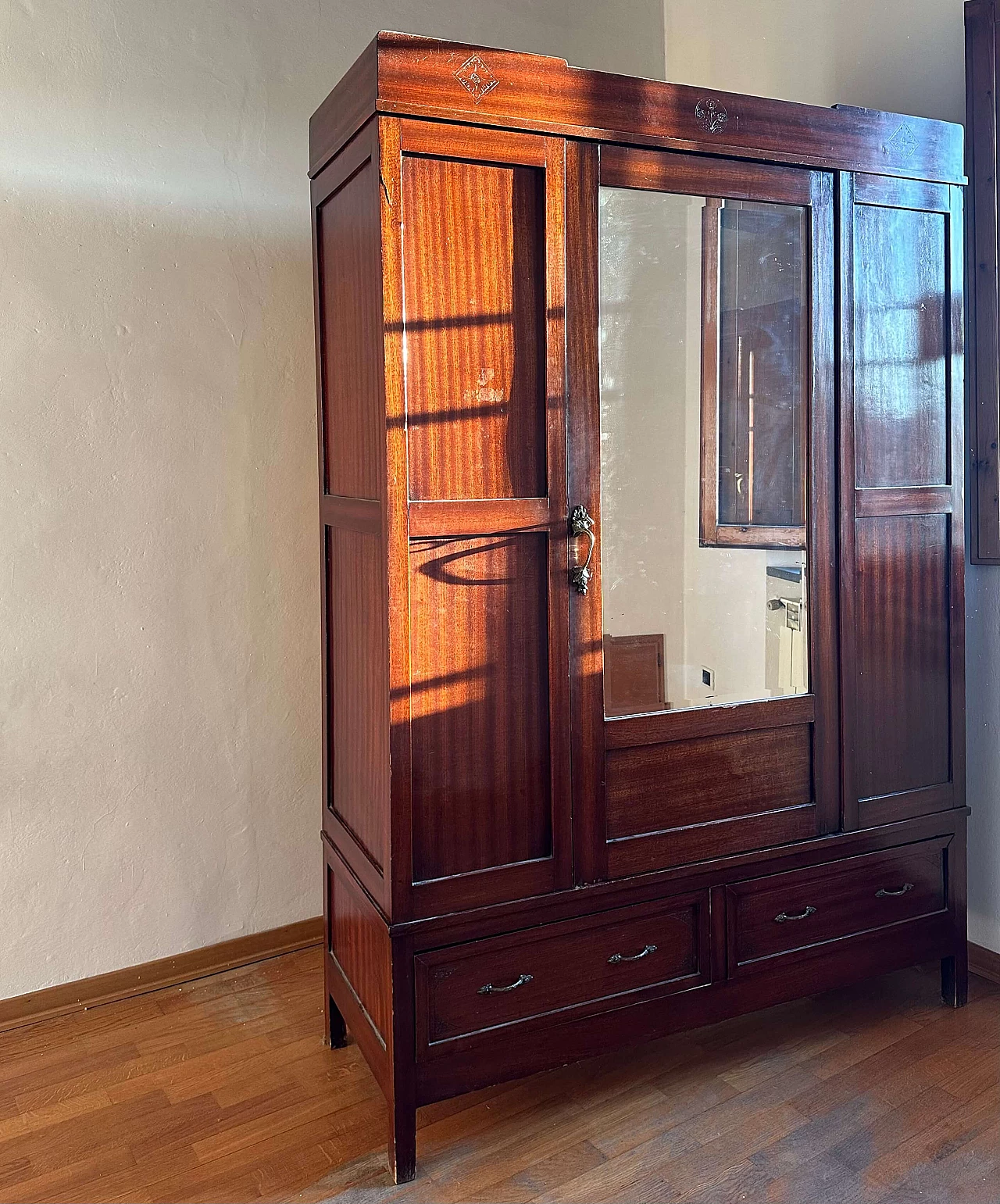 Art Nouveau mahogany wardrobe with mirror, 1920s 1