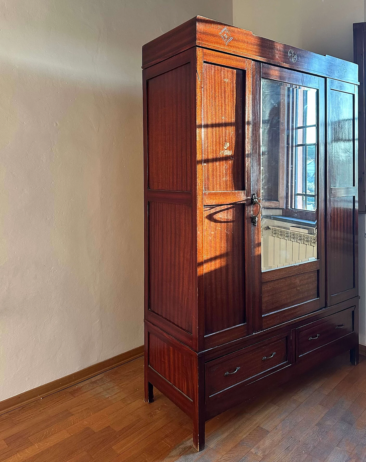 Art Nouveau mahogany wardrobe with mirror, 1920s 2