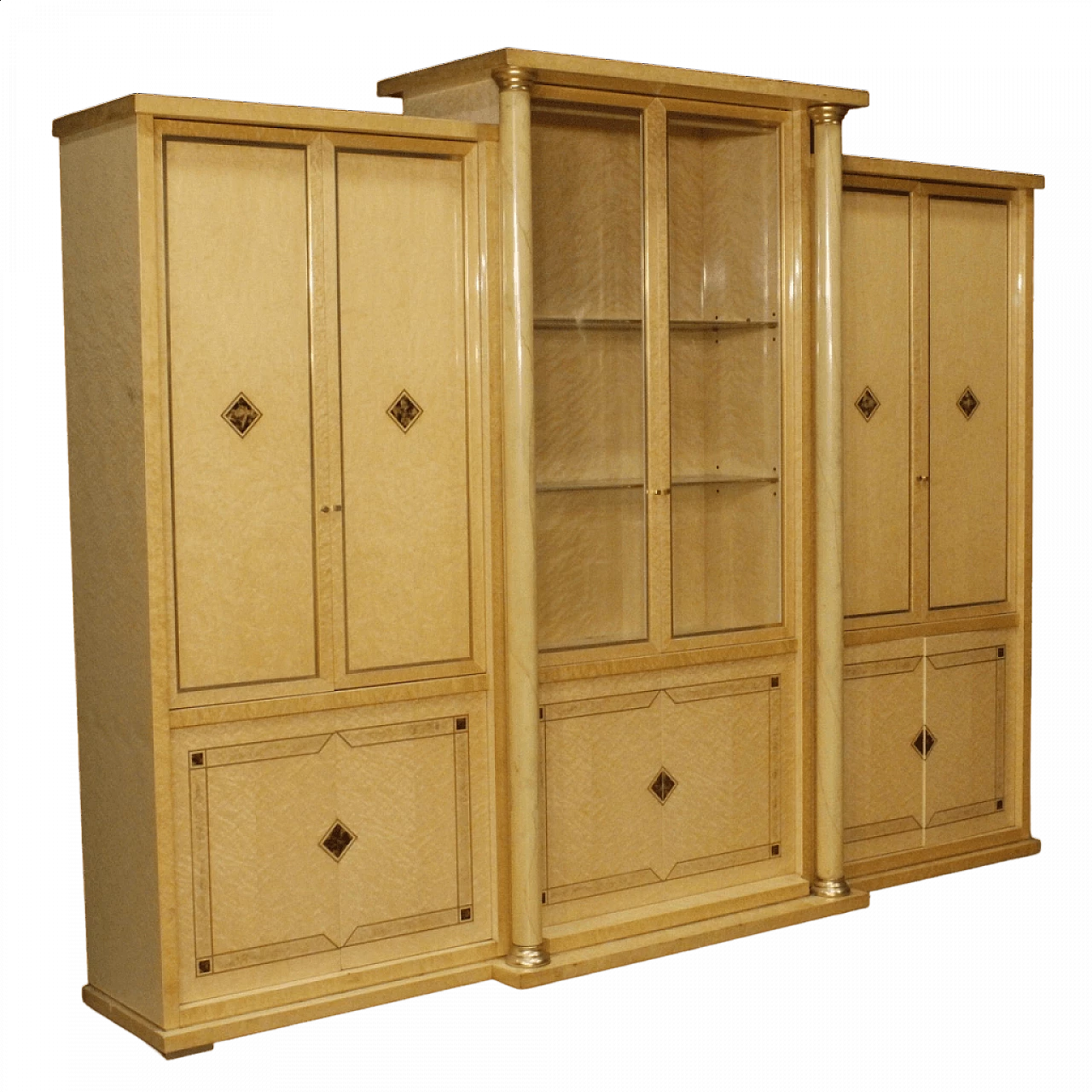 Bookcase with glass cabinet in exotic wood with brass and faux tortoiseshell details 12