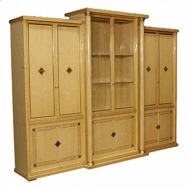 Bookcase with glass cabinet in exotic wood with brass and faux tortoiseshell details