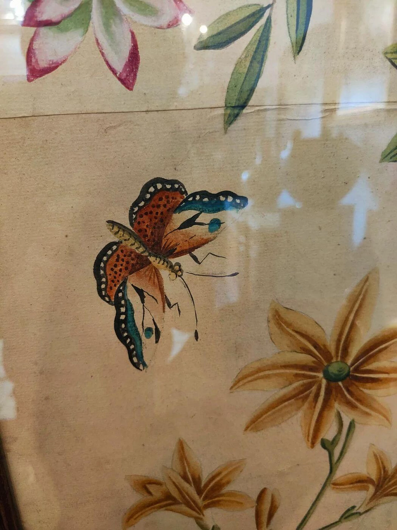 Coppia di pannelli dipinti a cineseria a tempera su carta, '700 4