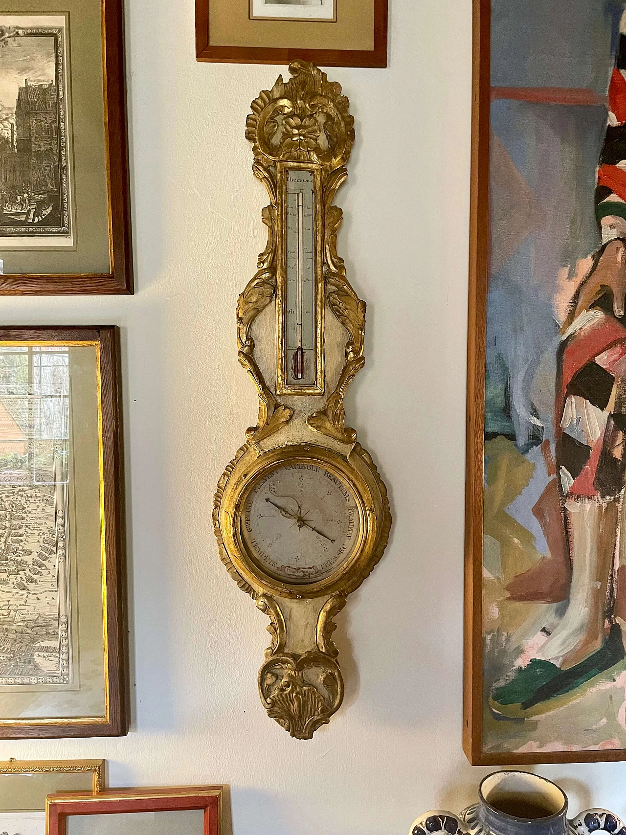 Gilded and painted wooden barometer with thermometer, 18th century 1