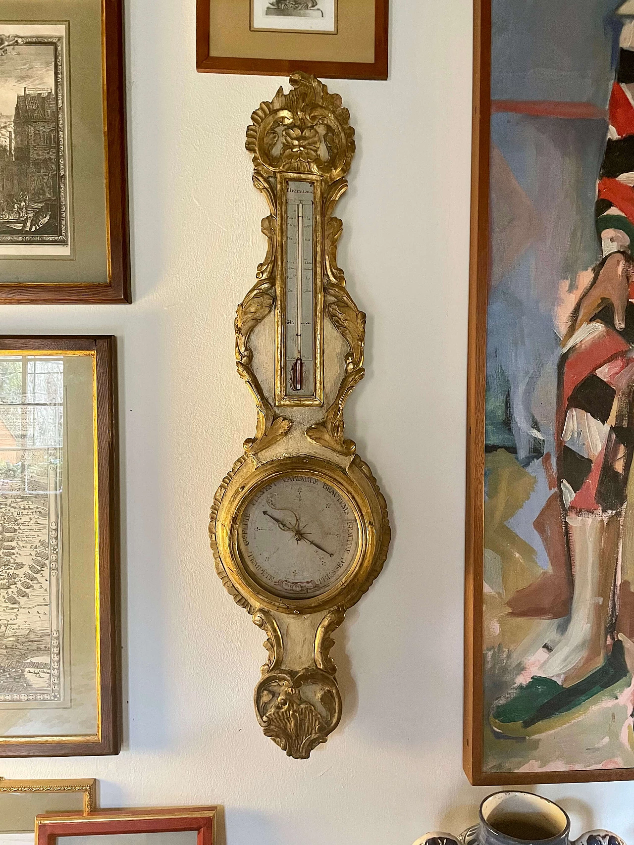 Gilded and painted wooden barometer with thermometer, 18th century 2