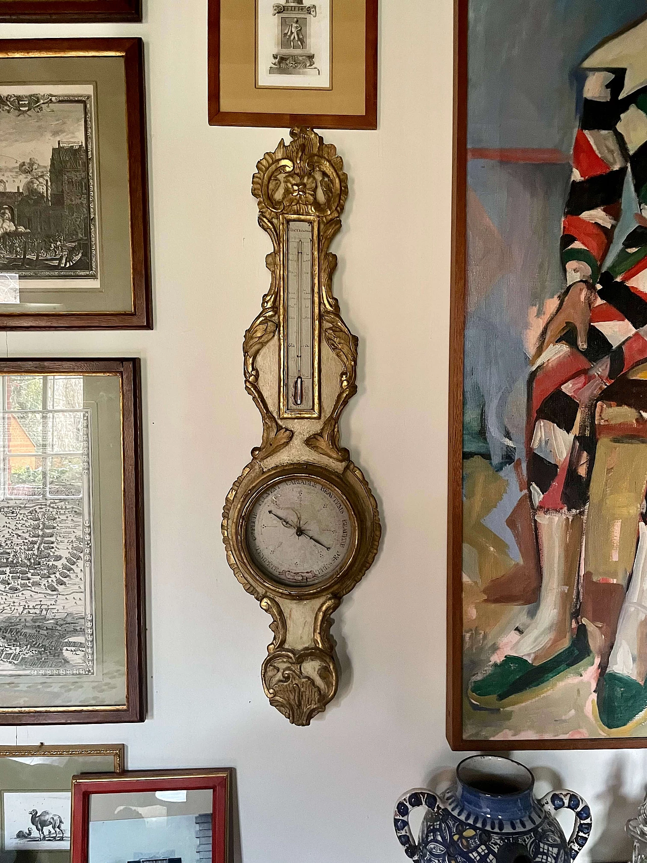 Gilded and painted wooden barometer with thermometer, 18th century 3