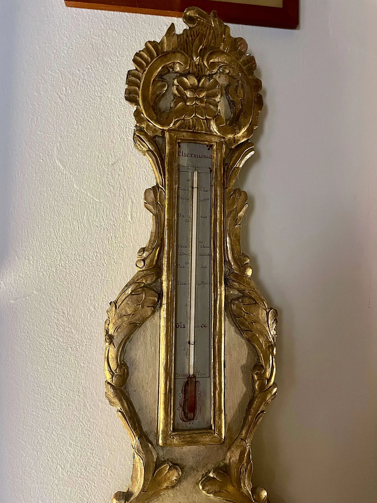 Gilded and painted wooden barometer with thermometer, 18th century 4