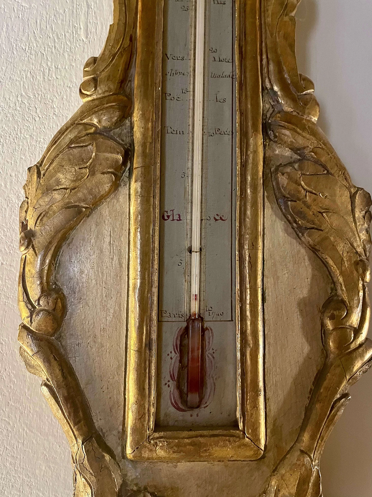 Gilded and painted wooden barometer with thermometer, 18th century 5