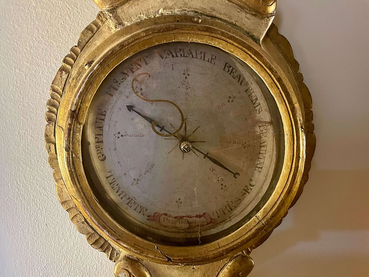 Gilded and painted wooden barometer with thermometer, 18th century 6