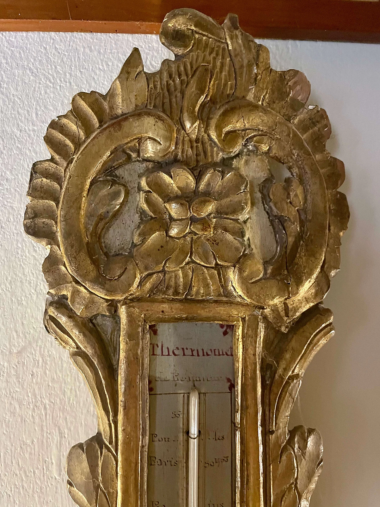 Gilded and painted wooden barometer with thermometer, 18th century 7