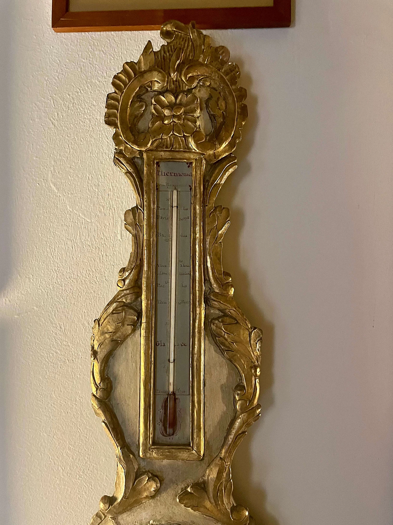 Gilded and painted wooden barometer with thermometer, 18th century 8