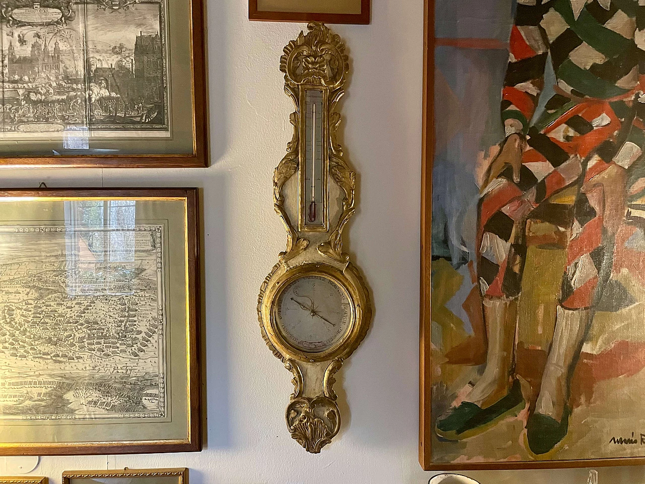 Gilded and painted wooden barometer with thermometer, 18th century 9