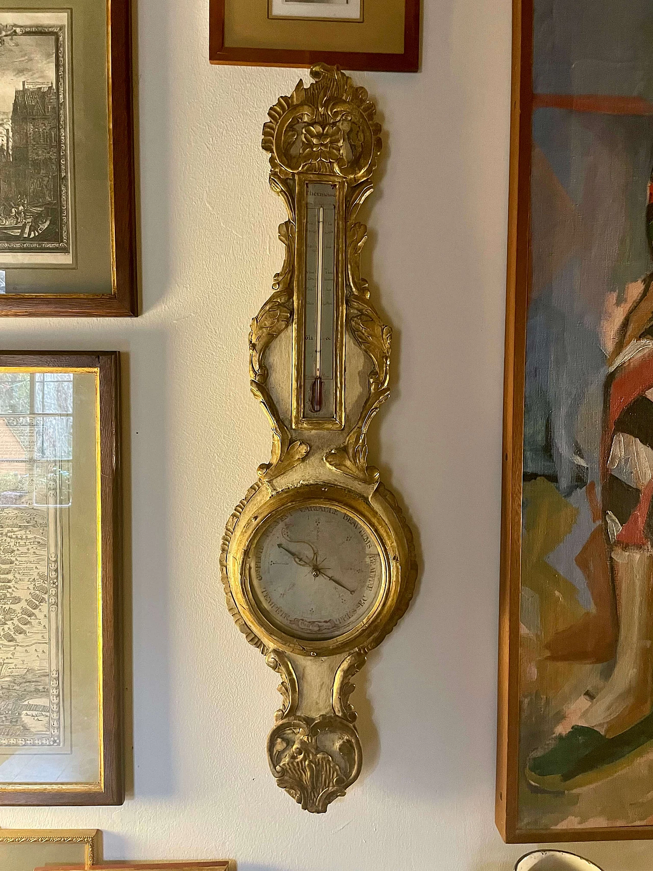 Gilded and painted wooden barometer with thermometer, 18th century 12