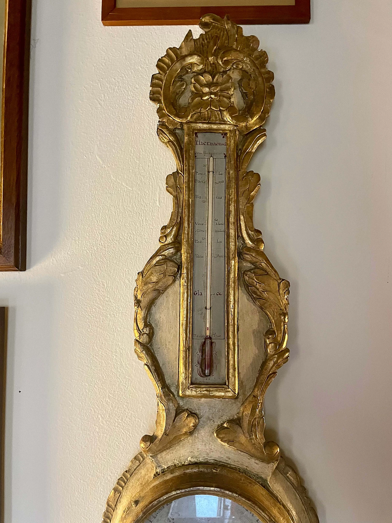 Gilded and painted wooden barometer with thermometer, 18th century 13