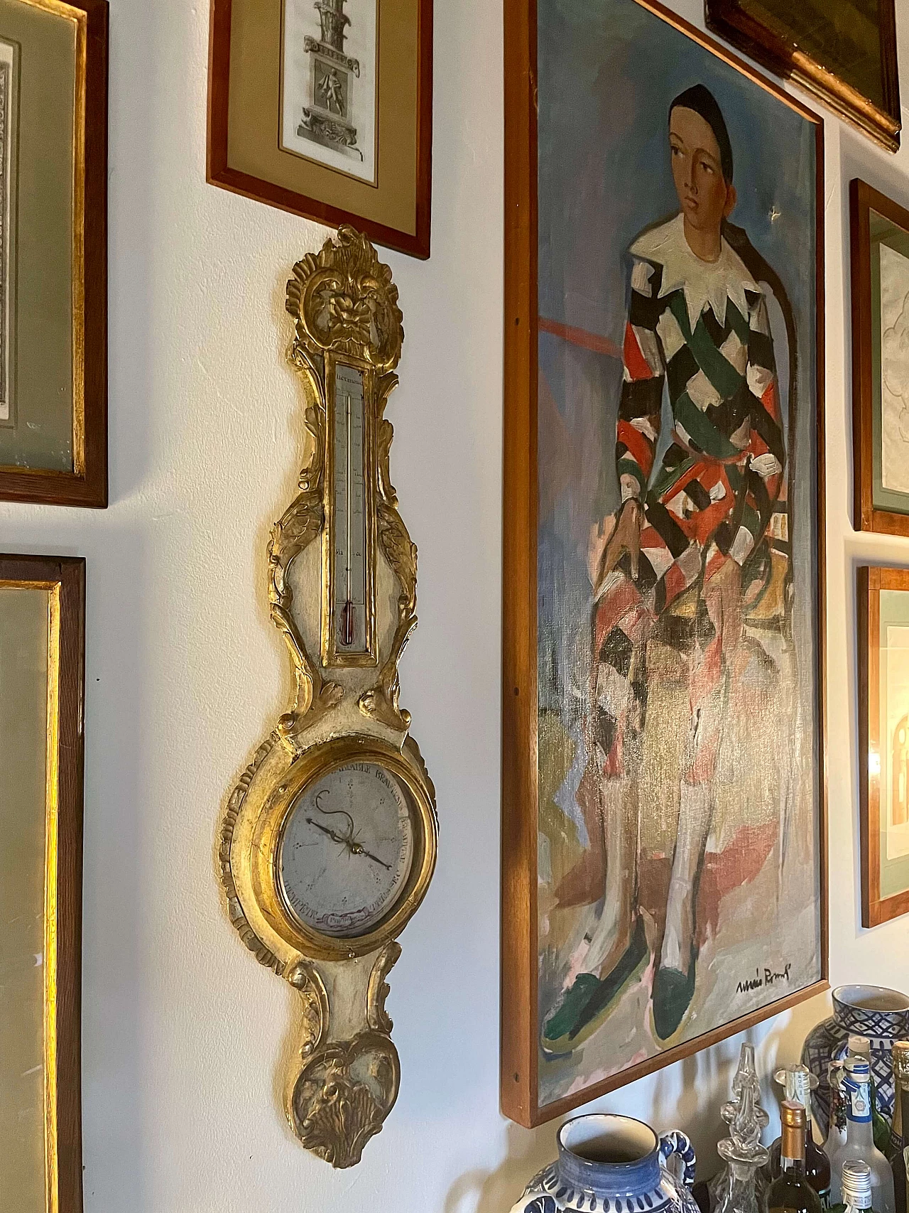 Gilded and painted wooden barometer with thermometer, 18th century 15