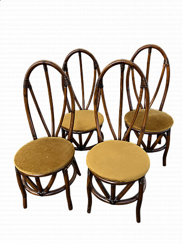 4 Bamboo chairs with curved back and velvet seat, 1950s