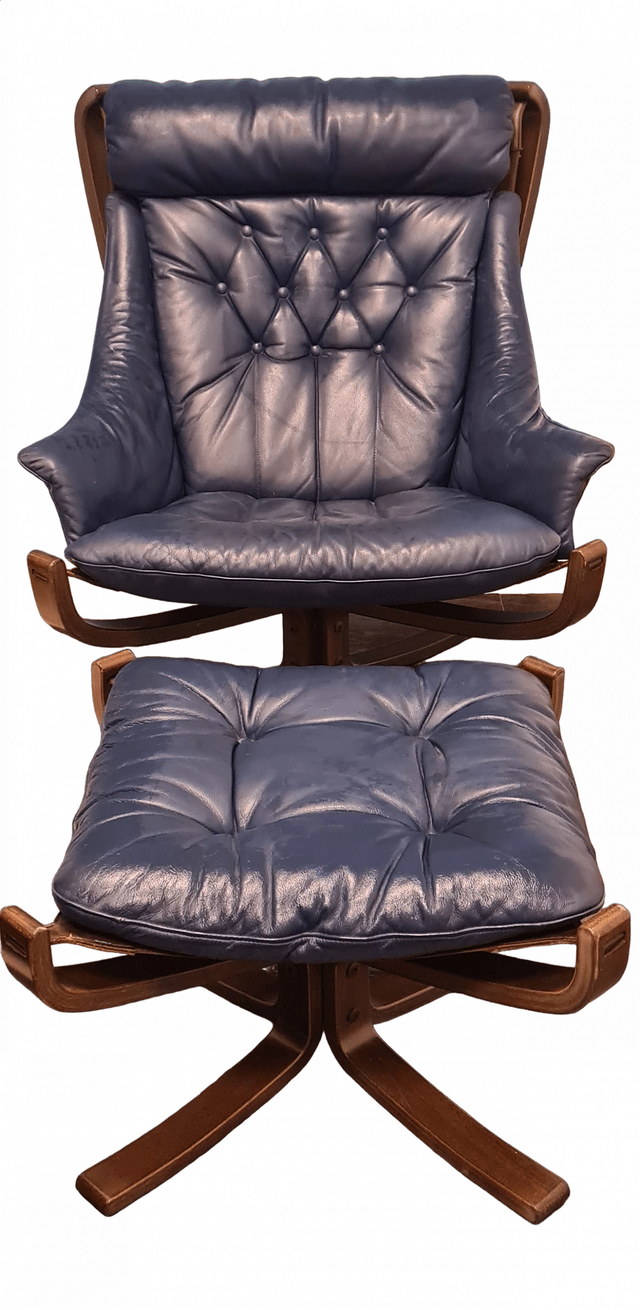 Poltrona e poggiapiedi Viking in pelle blu di Poltrona Frau, anni '80 30