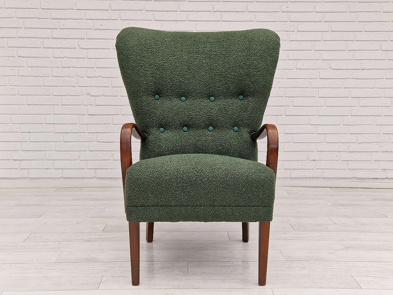Danish armchair in stained beech and bottle green fabric, 1960s 4