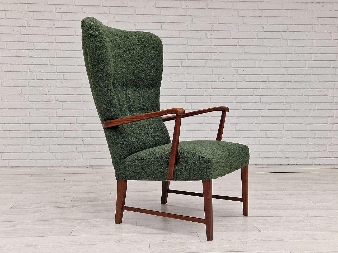 Danish high-backed armchair in stained oak and bottle-green fabric, 1960s 1