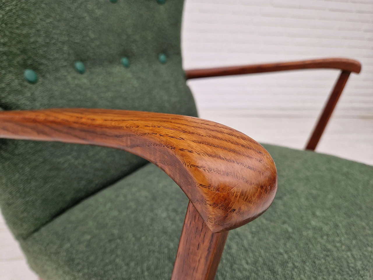 Danish high-backed armchair in stained oak and bottle-green fabric, 1960s 4