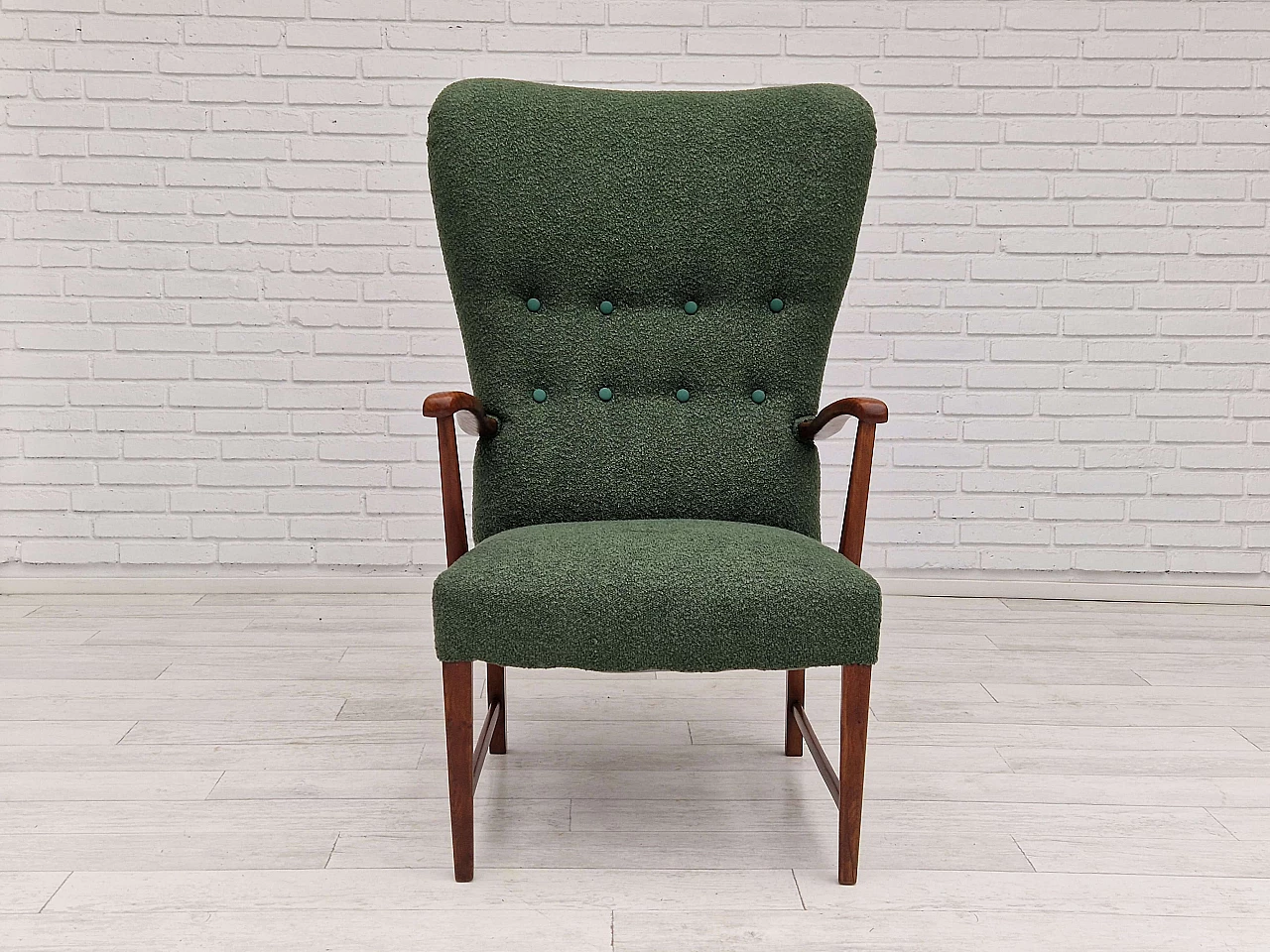 Danish high-backed armchair in stained oak and bottle-green fabric, 1960s 6