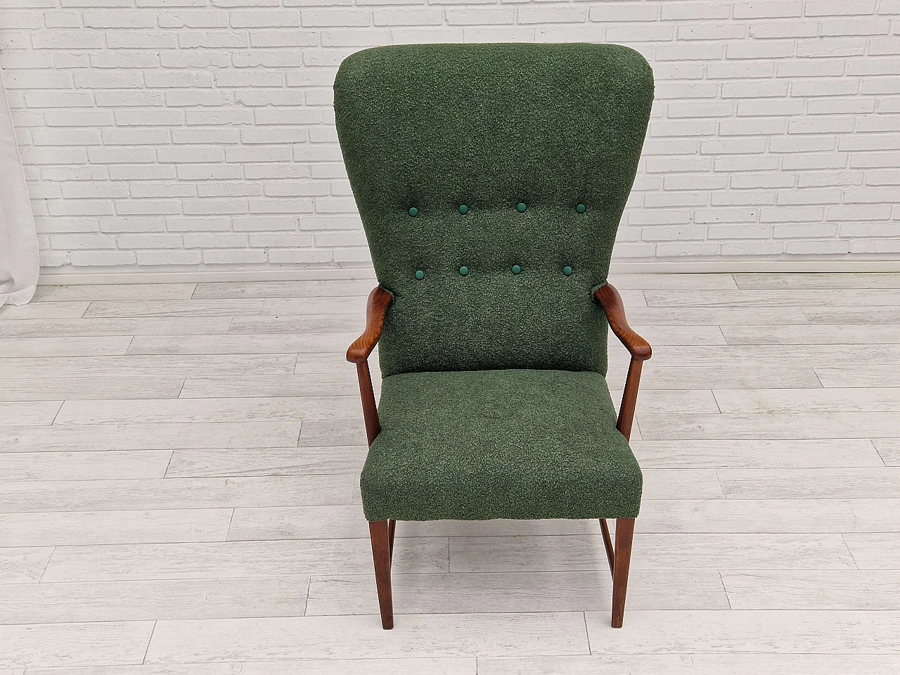 Danish high-backed armchair in stained oak and bottle-green fabric, 1960s 7