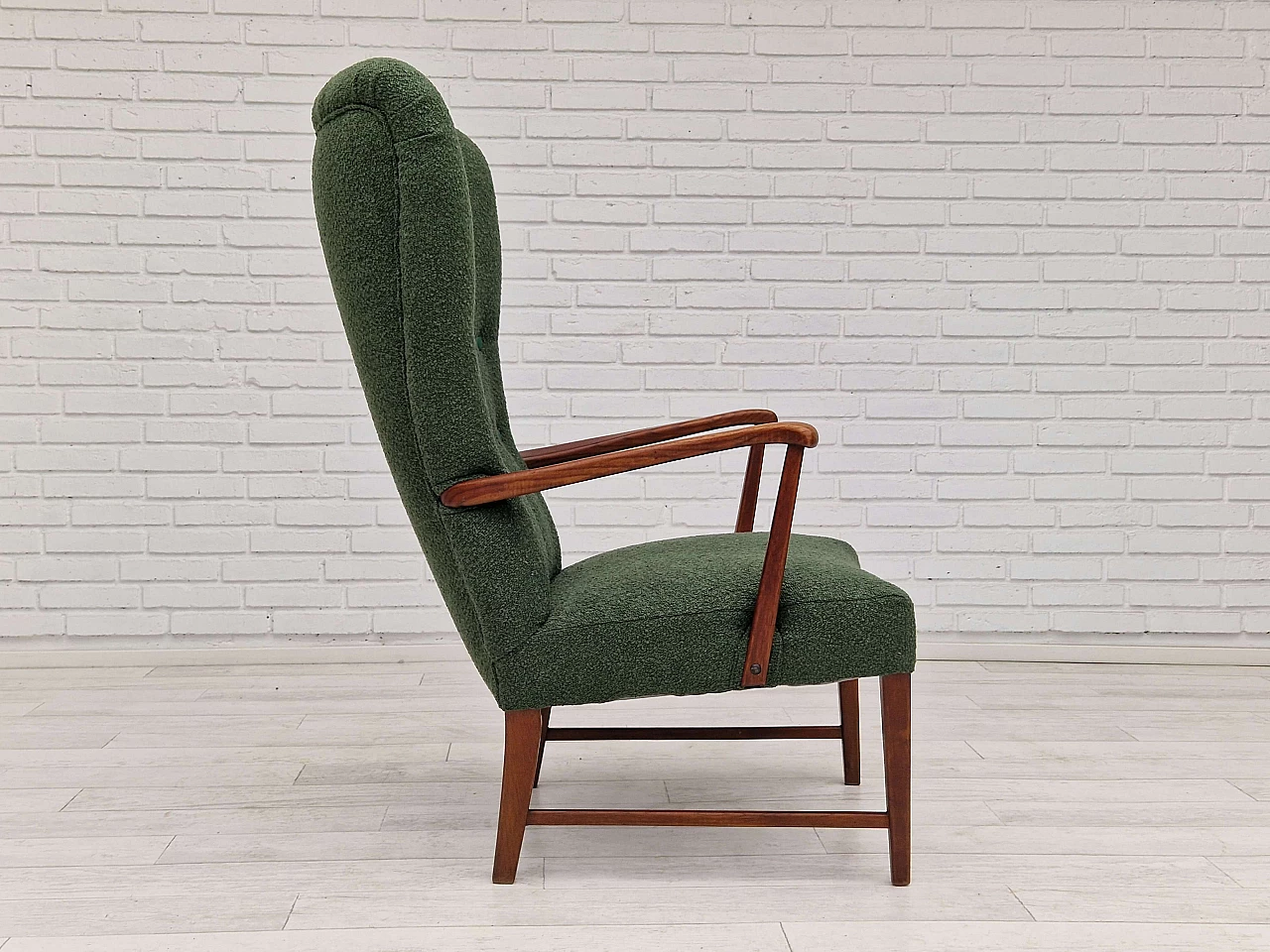 Danish high-backed armchair in stained oak and bottle-green fabric, 1960s 8