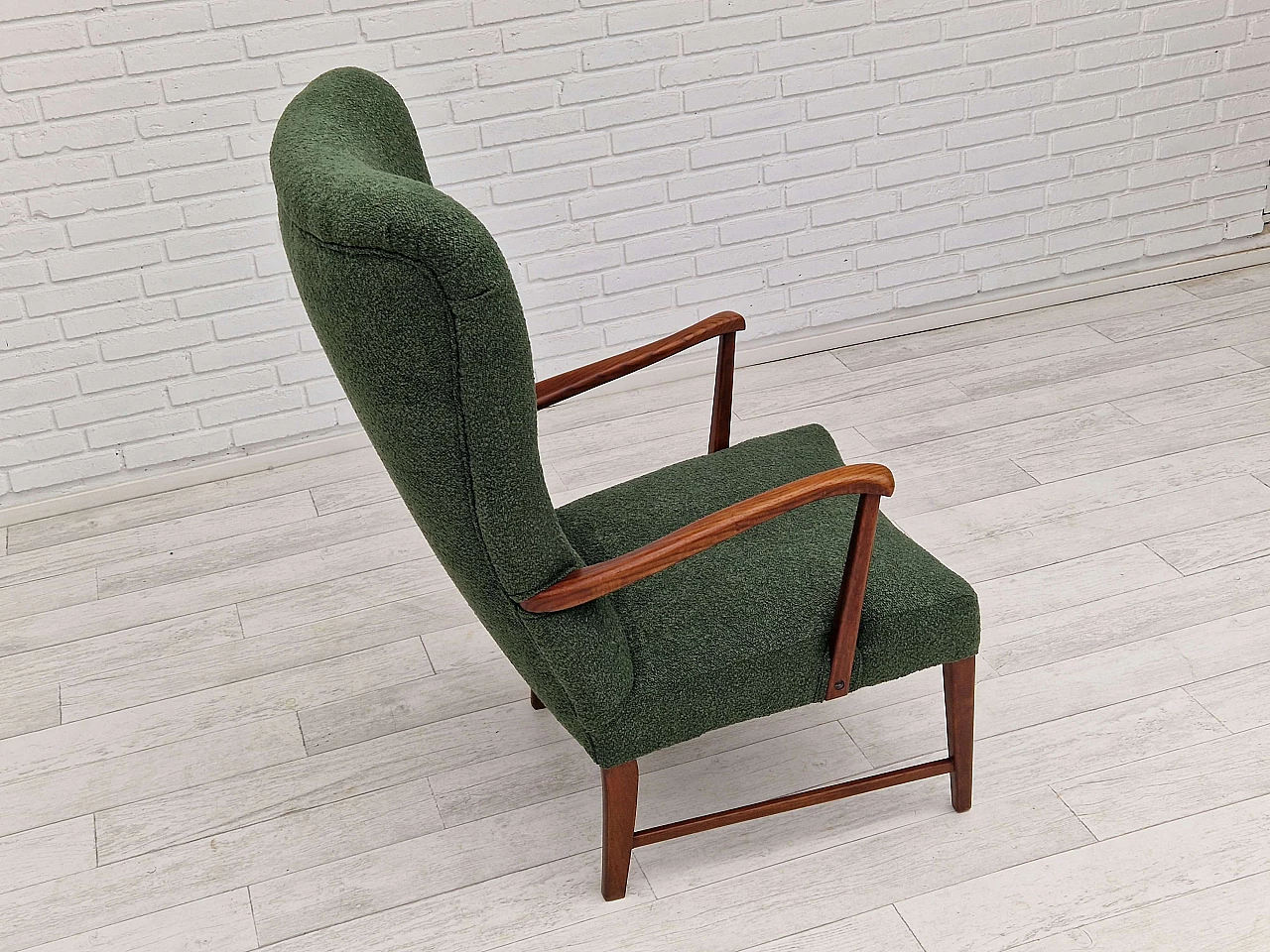 Danish high-backed armchair in stained oak and bottle-green fabric, 1960s 9