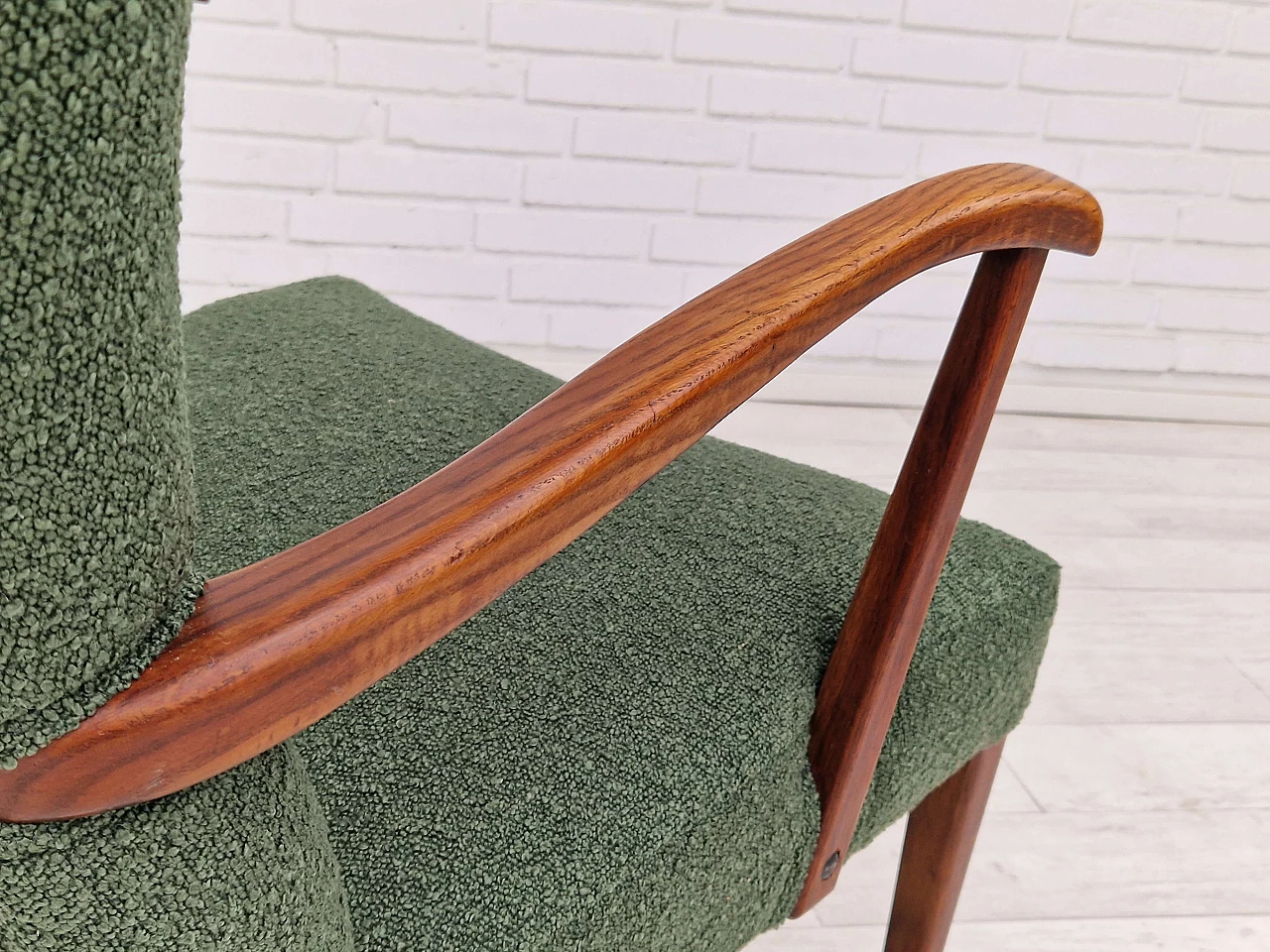 Danish high-backed armchair in stained oak and bottle-green fabric, 1960s 10