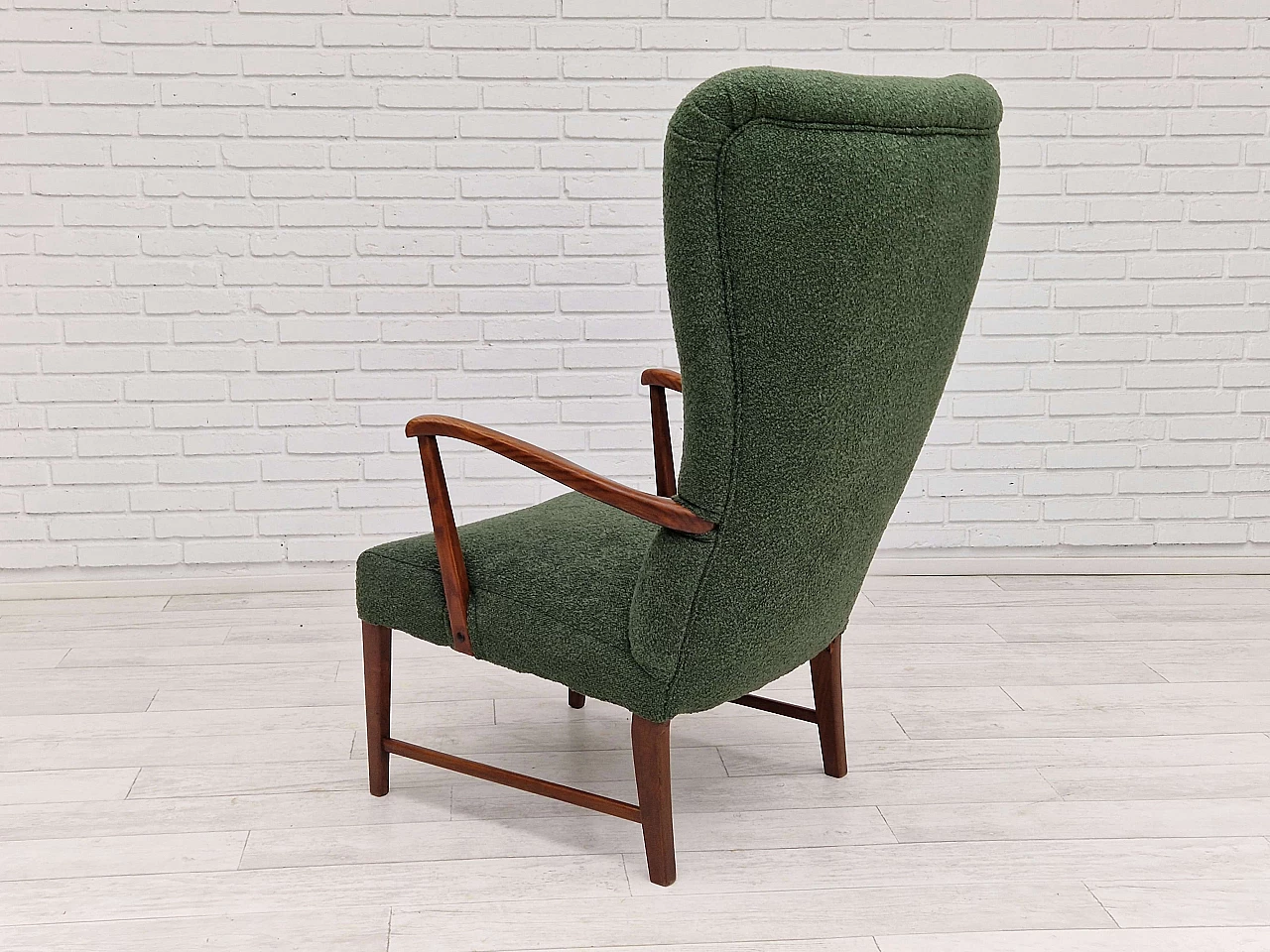 Danish high-backed armchair in stained oak and bottle-green fabric, 1960s 14