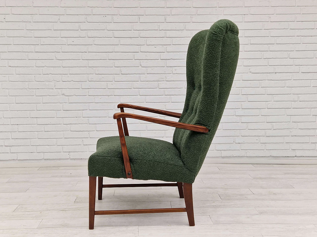 Danish high-backed armchair in stained oak and bottle-green fabric, 1960s 15